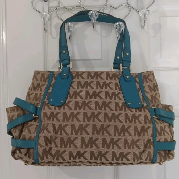 END 30-APR | MK Brown and Teal Signature Tote Bag - Picture 4 of 9